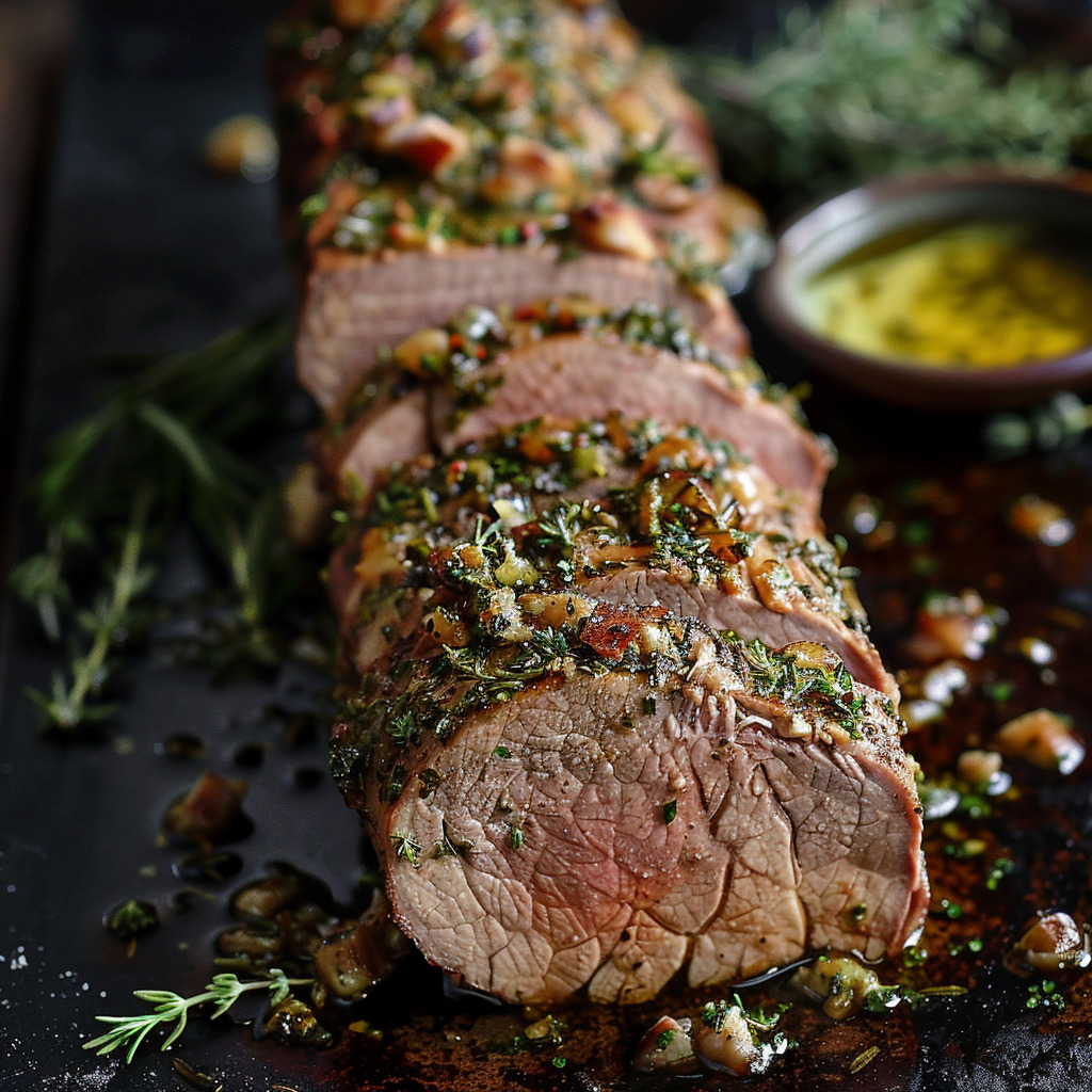 Herb-Crusted Pork Tenderloin with Garlic Butter Sauce. The image focuses on a beautifully cooked pork tenderloin, its exterior adorned with a golden, herbaceous crust made from a blend of finely chopped fresh rosemary and thyme, complemented by the subtle sharpness of Dijon mustard.
