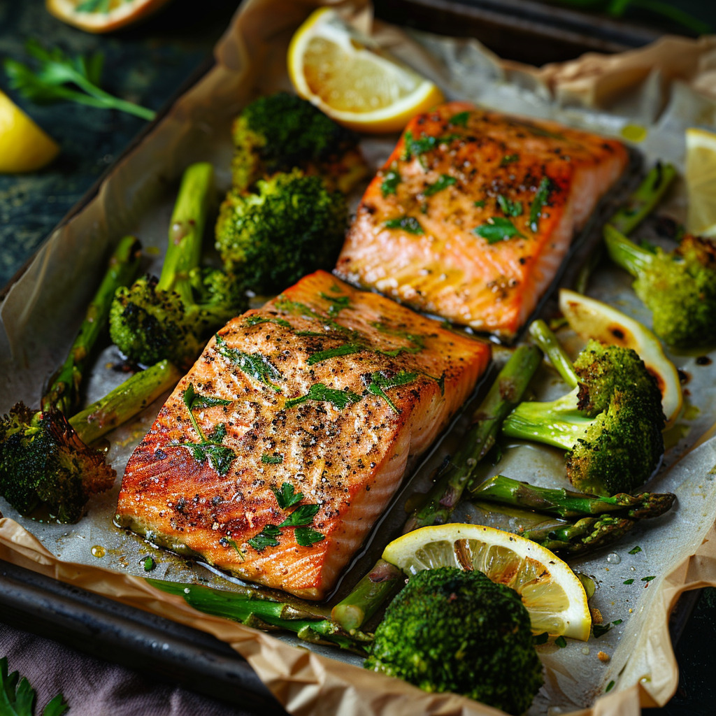 Oven-baked salmon with asparagus and broccoli fried in coconut oil