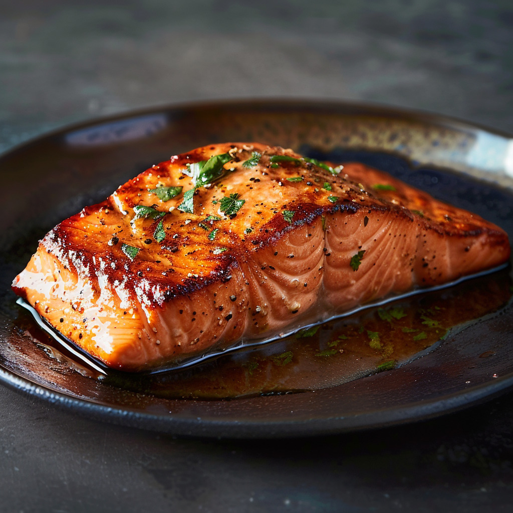 exquisite piece of salmon is the centerpiece, resting elegantly on a sleek, dark plate that enhances its vibrant, natural orange hue