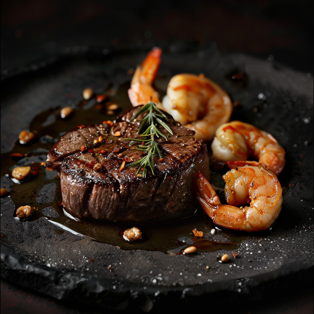 image of a bison steak served with sautéed shrimp